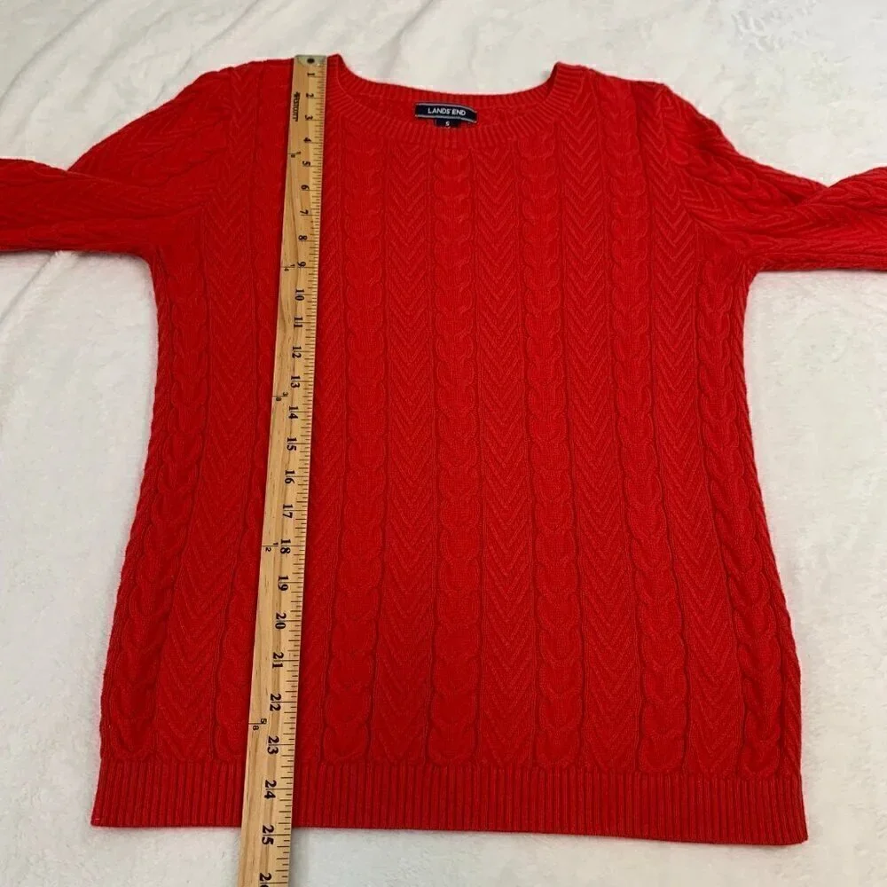 Lands' End Womens‎ Red Cotton Cable Knit Crewneck Sweater Size Small 6-8